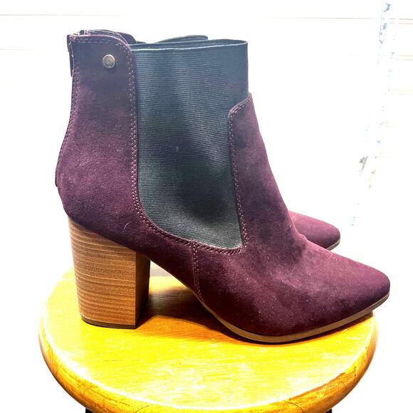 Lane Bryant Wine Colored Suede Stacked Wooden Heeled Booties Size 11W - Picture 1 of 10